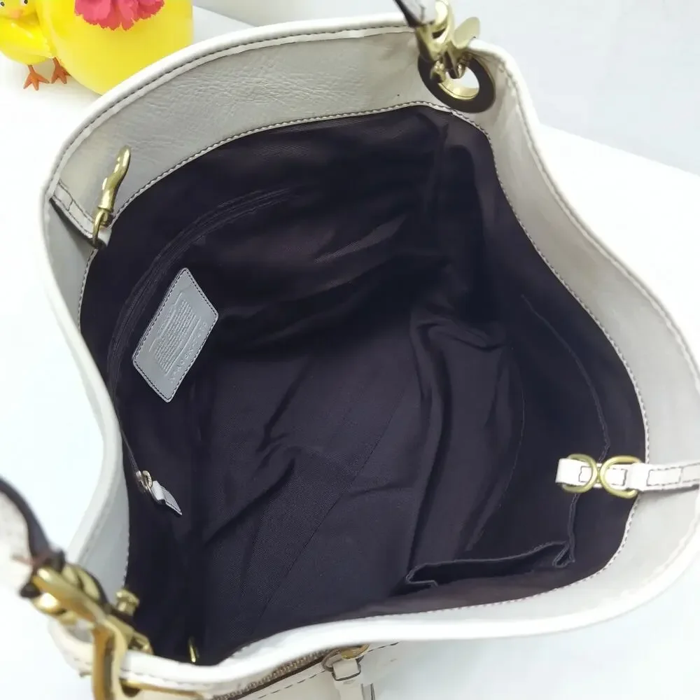 Coach Signature Of-White Canvas Leather Trim Zipper Pockets Hobo Shoulder Bag